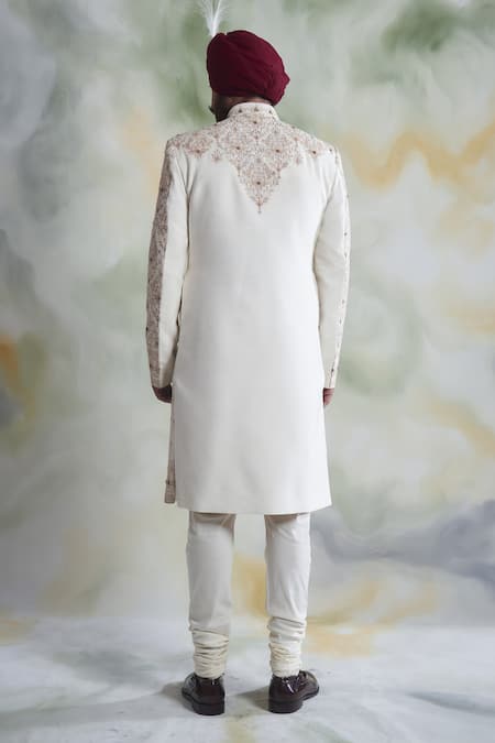 Shop_Gargee Designers_White Raw , Cotton Floral Embroidered Sherwani Set _at_Aza_Fashions