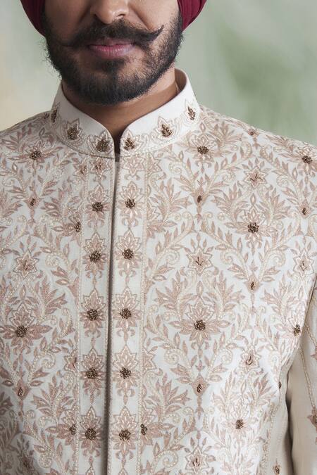 Buy_Gargee Designers_White Raw , Cotton Floral Embroidered Sherwani Set _Online_at_Aza_Fashions