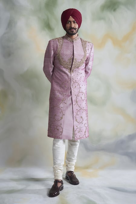 Gargee Designers Pink Raw , Cotton Floral Embroidered Sherwani Set 
