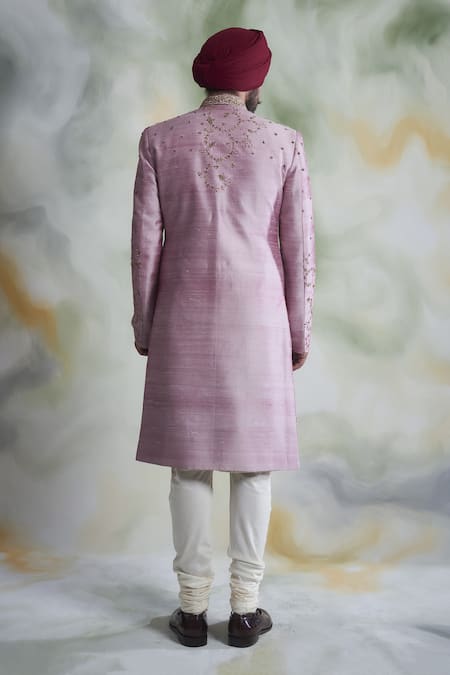 Shop_Gargee Designers_Pink Raw , Cotton Floral Embroidered Sherwani Set _at_Aza_Fashions