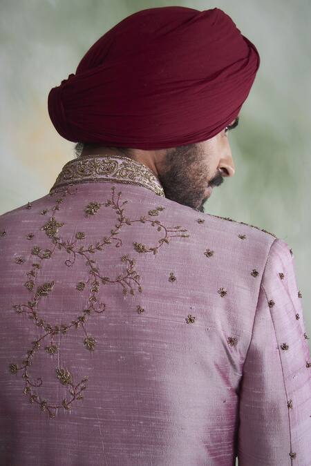 Gargee Designers_Pink Raw , Cotton Floral Embroidered Sherwani Set _Online_at_Aza_Fashions