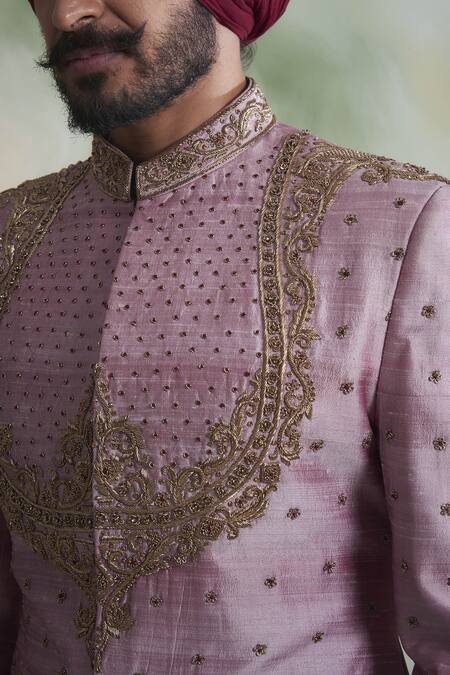 Buy_Gargee Designers_Pink Raw , Cotton Floral Embroidered Sherwani Set _Online_at_Aza_Fashions