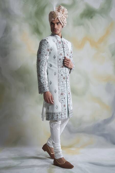 Gargee Designers Blue Cotton , Slub Floral Embroidered Sherwani Set Online at Aza Fashions Gargee Designers_Blue Cotton , Slub Floral Embroidered Sherwani Set _Online_at_Aza_Fashions