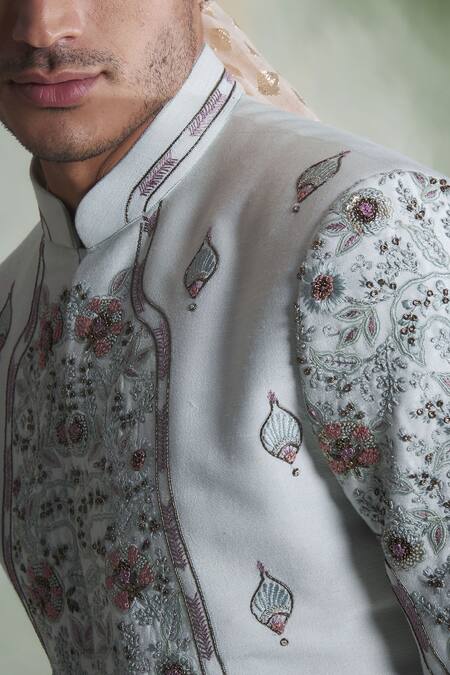 Shop Gargee Designers Blue Cotton , Slub Floral Embroidered Sherwani Set Online at Aza Fashions Shop_Gargee Designers_Blue Cotton , Slub Floral Embroidered Sherwani Set _Online_at_Aza_Fashions