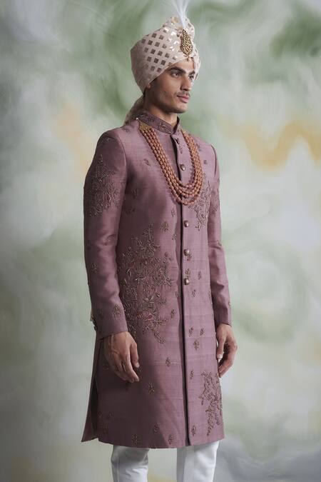 Gargee Designers Pink Raw , Cotton Floral Embroidered Sherwani Set Online at Aza Fashions Gargee Designers_Pink Raw , Cotton Floral Embroidered Sherwani Set _Online_at_Aza_Fashions