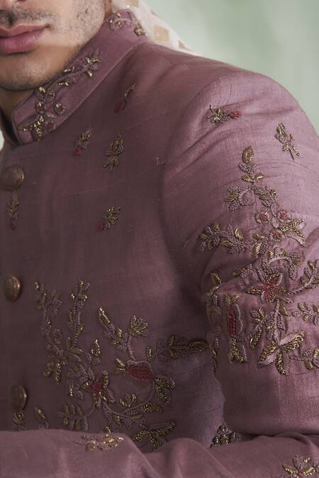Shop Gargee Designers Pink Raw , Cotton Floral Embroidered Sherwani Set Online at Aza Fashions Shop_Gargee Designers_Pink Raw , Cotton Floral Embroidered Sherwani Set _Online_at_Aza_Fashions
