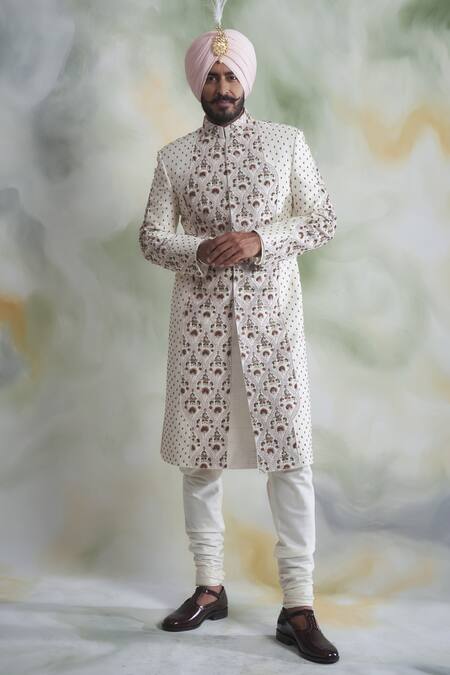 Gargee Designers White Raw , Cotton Floral Embroidered Sherwani Set 