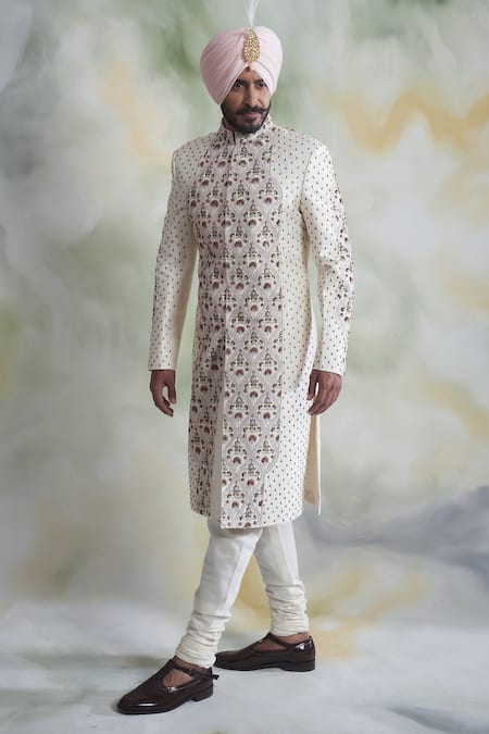 Gargee Designers White Raw , Cotton Floral Embroidered Sherwani Set Online at Aza Fashions Gargee Designers_White Raw , Cotton Floral Embroidered Sherwani Set _Online_at_Aza_Fashions