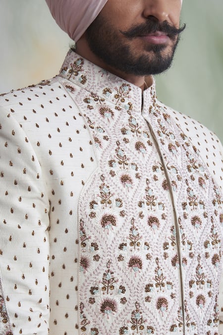 Shop Gargee Designers White Raw , Cotton Floral Embroidered Sherwani Set Online at Aza Fashions Shop_Gargee Designers_White Raw , Cotton Floral Embroidered Sherwani Set _Online_at_Aza_Fashions