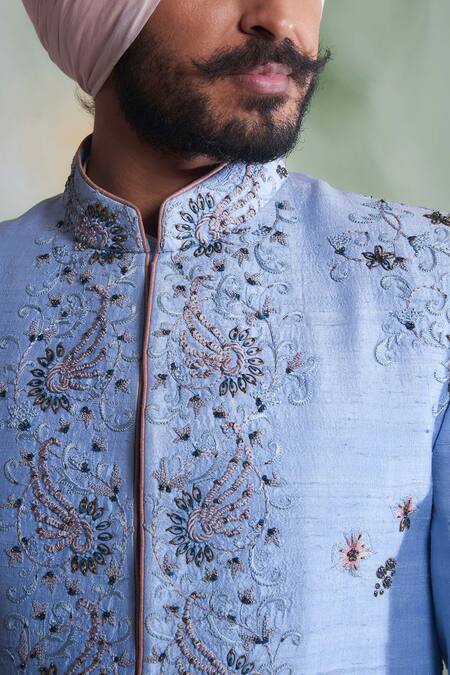 Gargee Designers_Blue Raw , Cotton Floral Embroidered Sherwani Set _Online_at_Aza_Fashions