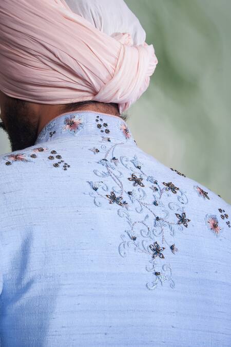 Buy_Gargee Designers_Blue Raw , Cotton Floral Embroidered Sherwani Set _Online_at_Aza_Fashions