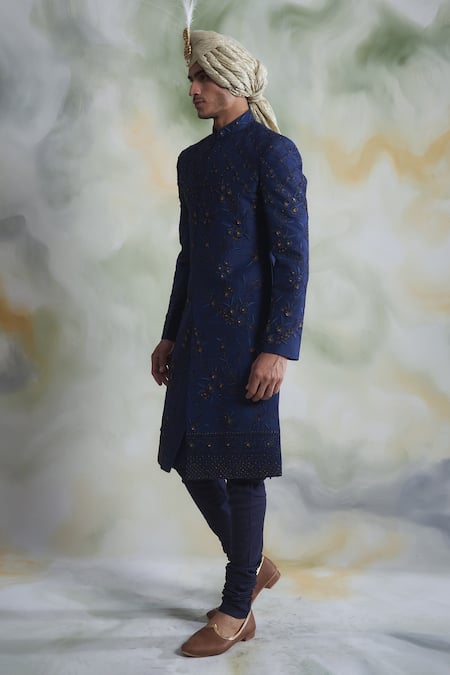 Shop_Gargee Designers_Blue Raw , Cotton Floral Embroidered Sherwani Set _at_Aza_Fashions