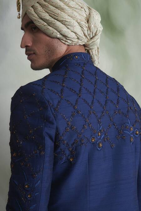 Buy_Gargee Designers_Blue Raw , Cotton Floral Embroidered Sherwani Set _Online_at_Aza_Fashions