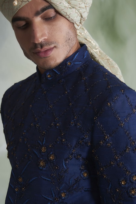 Shop_Gargee Designers_Blue Raw , Cotton Floral Embroidered Sherwani Set _Online_at_Aza_Fashions
