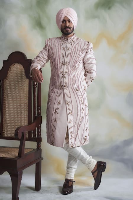 Gargee Designers Pink Raw , Cotton Floral Embroidered Sherwani Set 