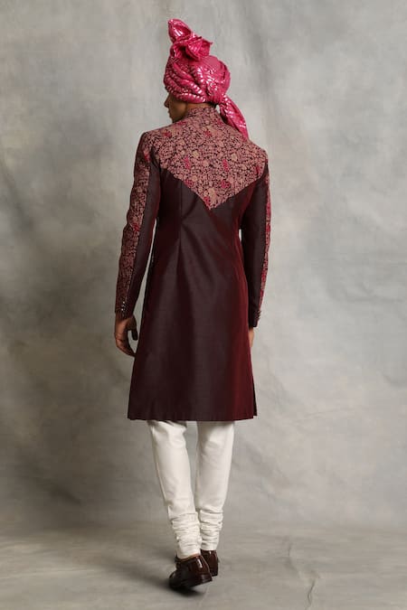 Shop_Gargee Designers_Maroon Cotton , Poly Floral Embroidered Sherwani Set _at_Aza_Fashions