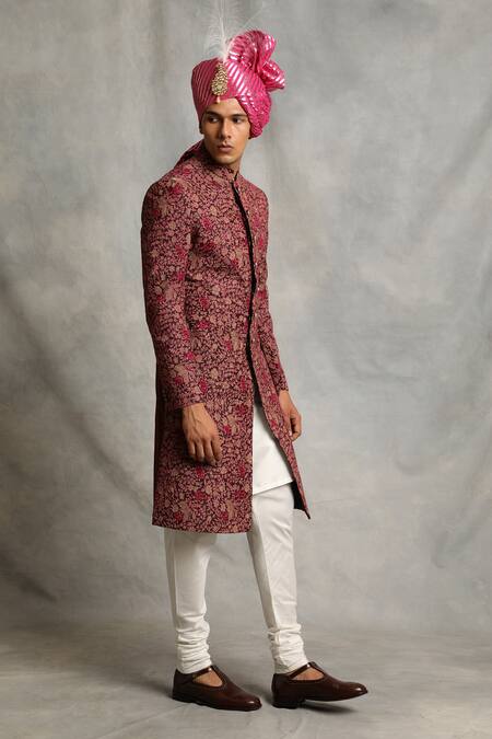 Gargee Designers_Maroon Cotton , Poly Floral Embroidered Sherwani Set _Online_at_Aza_Fashions