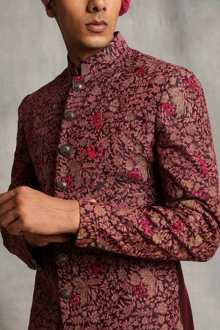 Buy_Gargee Designers_Maroon Cotton , Poly Floral Embroidered Sherwani Set _Online_at_Aza_Fashions