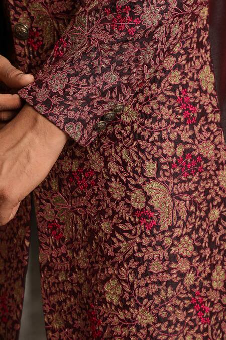 Shop_Gargee Designers_Maroon Cotton , Poly Floral Embroidered Sherwani Set _Online_at_Aza_Fashions
