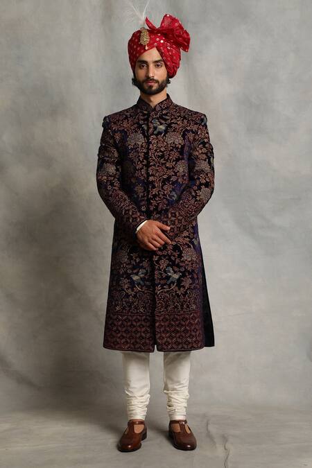 Gargee Designers Blue Velvet, Cotton Bird, Floral Embroidered Sherwani Set 