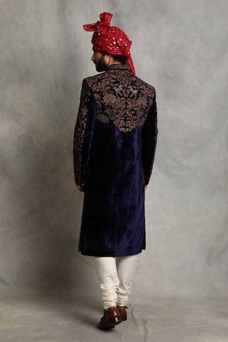 Shop_Gargee Designers_Blue Velvet, Cotton Bird, Floral Embroidered Sherwani Set _at_Aza_Fashions