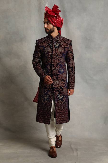 Gargee Designers_Blue Velvet, Cotton Bird, Floral Embroidered Sherwani Set _Online_at_Aza_Fashions
