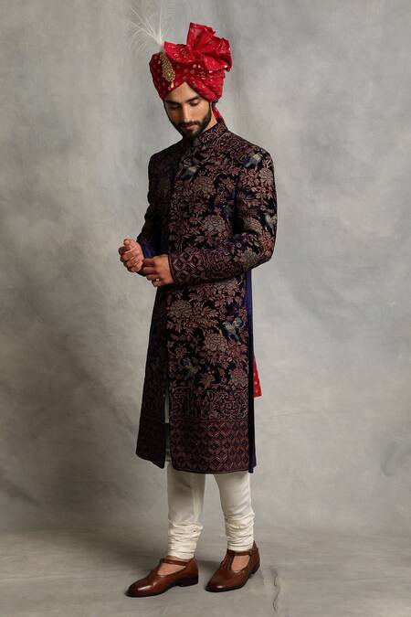 Buy_Gargee Designers_Blue Velvet, Cotton Bird, Floral Embroidered Sherwani Set _Online_at_Aza_Fashions