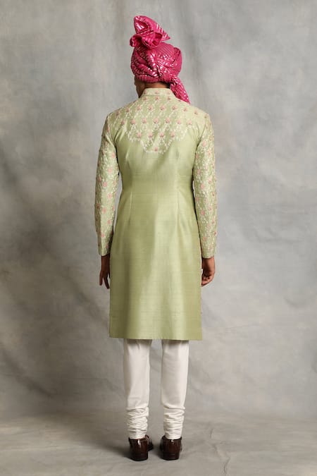 Shop_Gargee Designers_Green Raw , Cotton Floral Embroidered Sherwani Set _at_Aza_Fashions