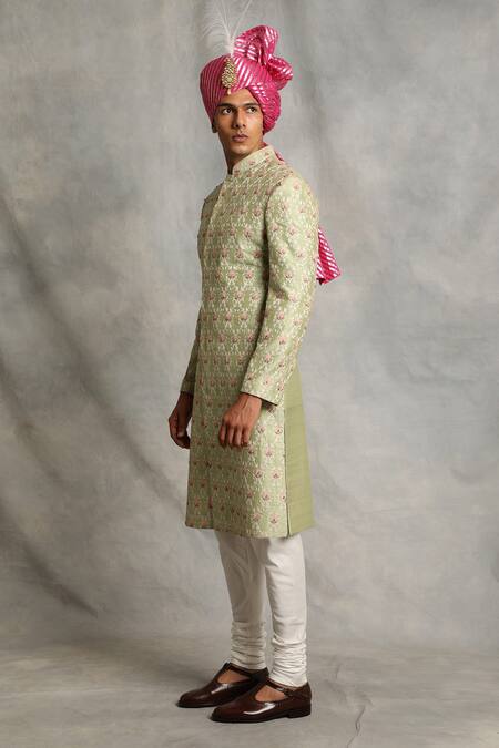 Gargee Designers_Green Raw , Cotton Floral Embroidered Sherwani Set _Online_at_Aza_Fashions