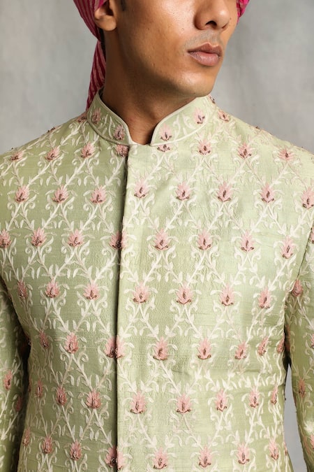 Buy_Gargee Designers_Green Raw , Cotton Floral Embroidered Sherwani Set _Online_at_Aza_Fashions