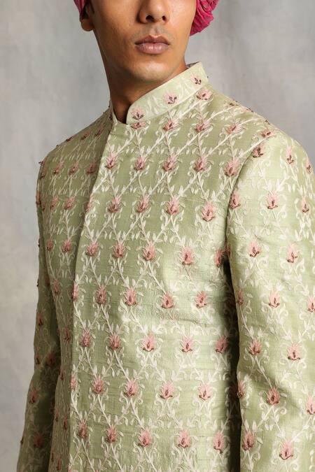 Shop_Gargee Designers_Green Raw , Cotton Floral Embroidered Sherwani Set _Online_at_Aza_Fashions