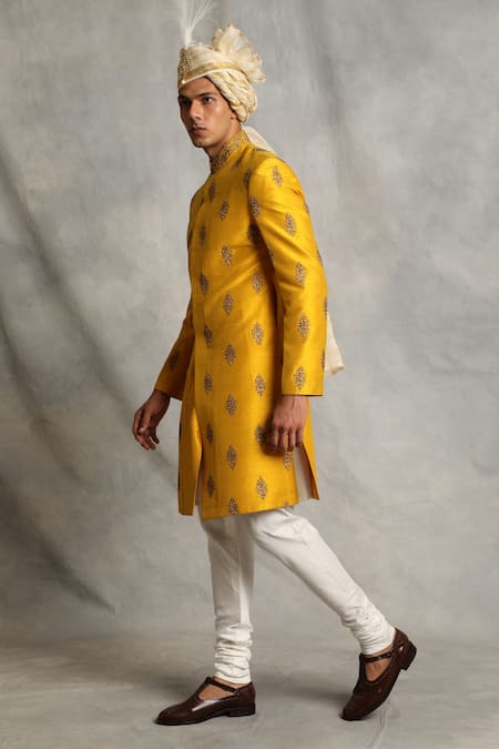 Gargee Designers_Yellow Raw , Cotton Floral Embroidered Sherwani Set _Online_at_Aza_Fashions