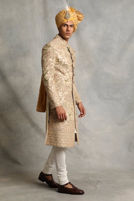 Gargee Designers_Beige Raw , Cotton Floral Embroidered Sherwani Set _Online_at_Aza_Fashions