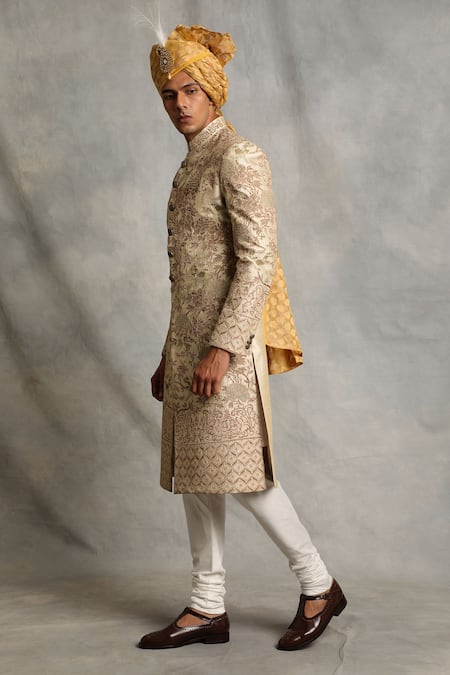 Buy_Gargee Designers_Beige Raw , Cotton Floral Embroidered Sherwani Set _Online_at_Aza_Fashions