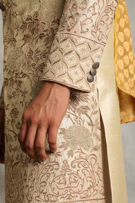 Gargee Designers_Beige Raw , Cotton Floral Embroidered Sherwani Set _at_Aza_Fashions