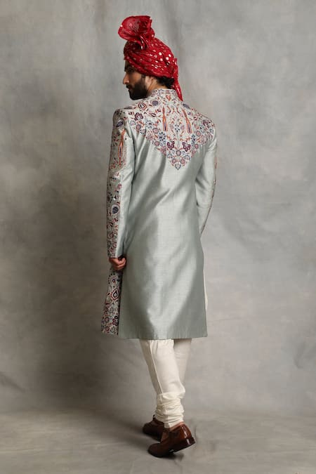 Shop_Gargee Designers_Grey Cotton , Poly Floral Embroidered Sherwani Set _at_Aza_Fashions