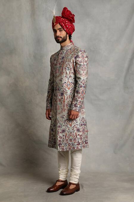 Gargee Designers_Grey Cotton , Poly Floral Embroidered Sherwani Set _Online_at_Aza_Fashions