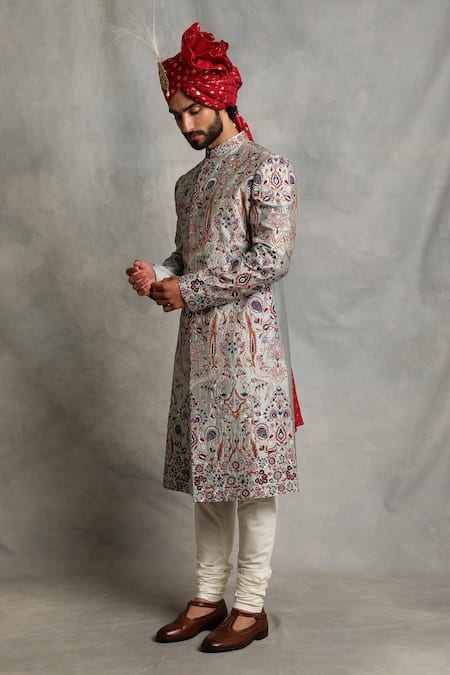 Buy_Gargee Designers_Grey Cotton , Poly Floral Embroidered Sherwani Set _Online_at_Aza_Fashions
