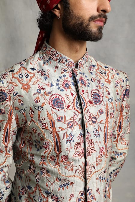 Shop_Gargee Designers_Grey Cotton , Poly Floral Embroidered Sherwani Set _Online_at_Aza_Fashions