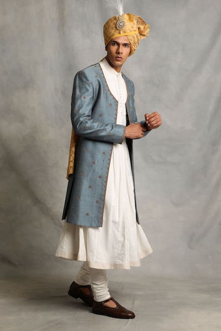 Gargee Designers_Blue Raw , Cotton Floral Embroidered Sherwani And Angrakha Kurta Set _Online_at_Aza_Fashions