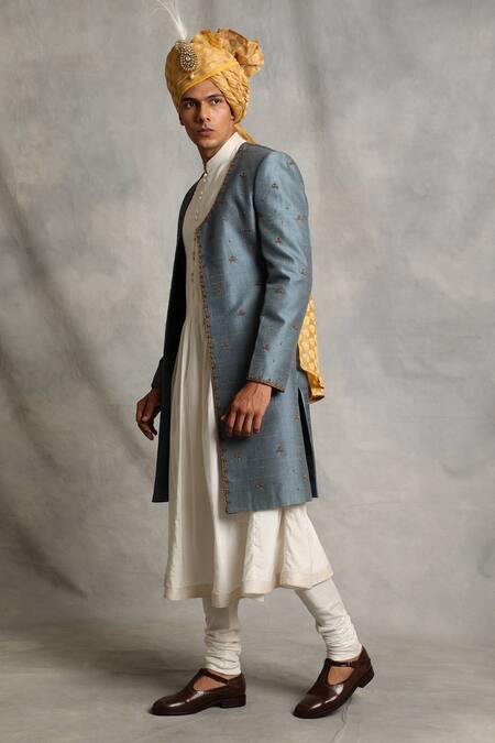 Buy_Gargee Designers_Blue Raw , Cotton Floral Embroidered Sherwani And Angrakha Kurta Set _Online_at_Aza_Fashions