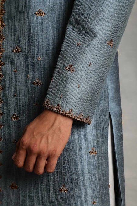Gargee Designers_Blue Raw , Cotton Floral Embroidered Sherwani And Angrakha Kurta Set _at_Aza_Fashions