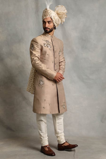 Gargee Designers_Brown Raw , Cotton Floral Embroidered Sherwani Set _Online_at_Aza_Fashions