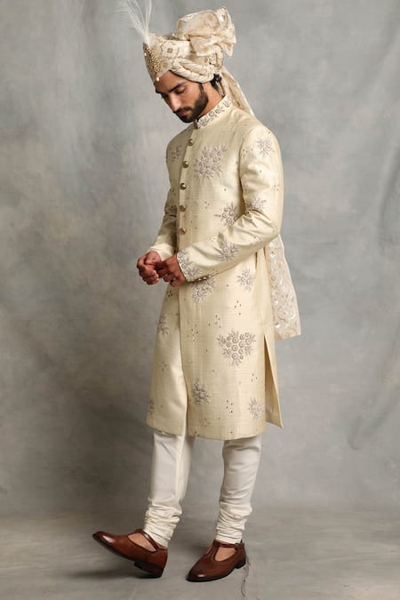 Gargee Designers_White Raw , Cotton Floral Embroidered Sherwani Set _Online_at_Aza_Fashions