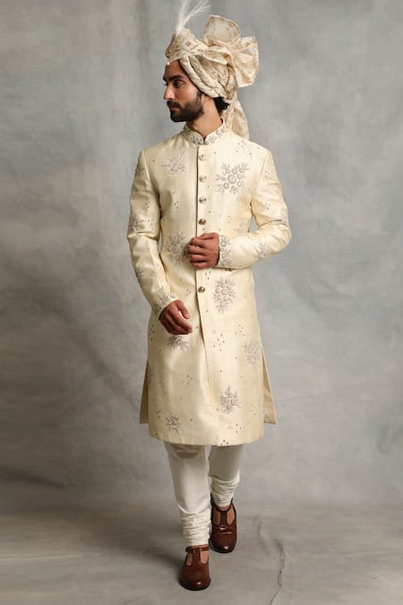 Buy_Gargee Designers_White Raw , Cotton Floral Embroidered Sherwani Set _Online_at_Aza_Fashions
