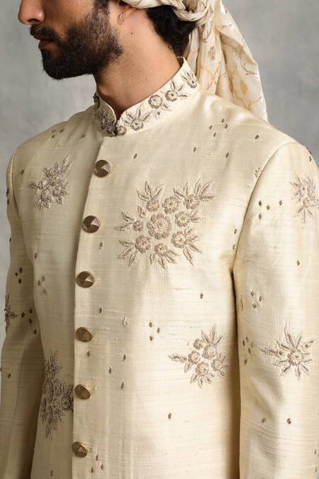 Gargee Designers_White Raw , Cotton Floral Embroidered Sherwani Set _at_Aza_Fashions