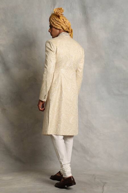 Shop_Gargee Designers_White Cotton Silk, Poly Viscose Floral, Paisley Embroidered Sherwani Set _at_Aza_Fashions