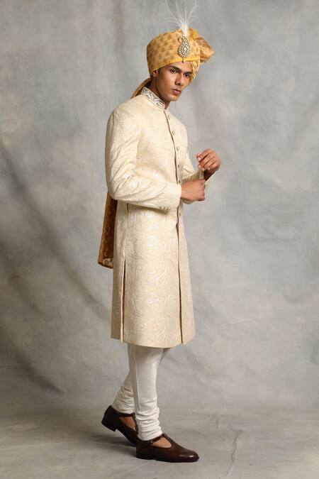 Gargee Designers_White Cotton Silk, Poly Viscose Floral, Paisley Embroidered Sherwani Set _Online_at_Aza_Fashions