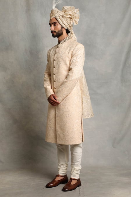 Shop_Gargee Designers_Peach Poly Viscose Embroidered Floral Sherwani Set _at_Aza_Fashions