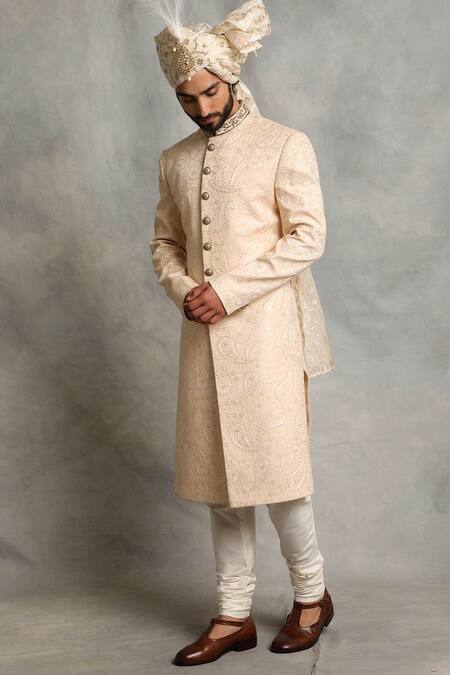 Gargee Designers_Peach Poly Viscose Embroidered Floral Sherwani Set _Online_at_Aza_Fashions